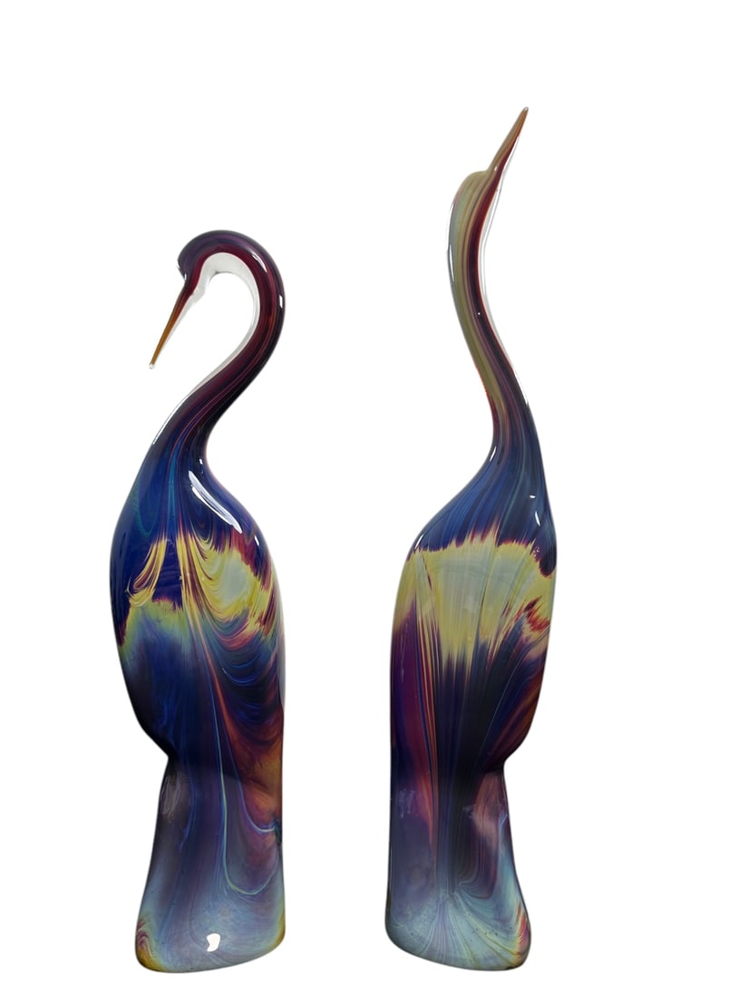 Pr Oscor Zanetti Blown Art Glass Birds: Pair of Oscor Zanetti blown art glass birds. Each have a Murano Italy label and are signed. Excellent condition. Meaures 4" x 4" x 21" and 23".
