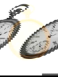 1898 American Waltham Watch Co Pocket Watch: 1898 American Waltham Watch Co rolled gold pocket watch. On front is white face, black roman numerals, red arabic numbers and second hand clock. On back cover is town with mountains in background and