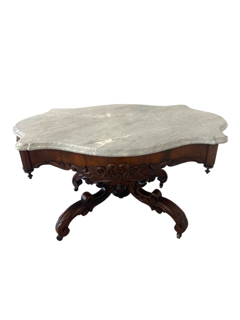 1860s Victorian Carved Walnut Coffee Table Marble (1 of 19)