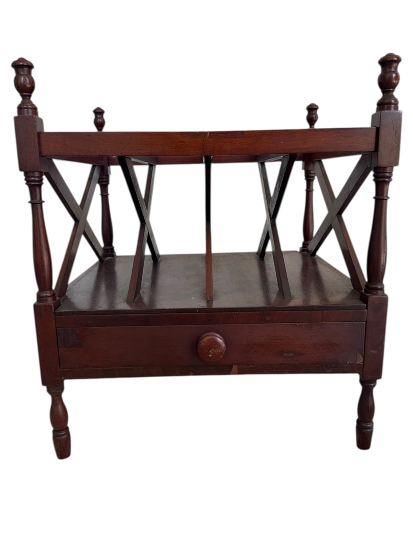 19C Mahogany Canterbury Chippendale Magazine Rack: 19th Century mahogany Canterbury chippendale magazine rack or record LP holder with bottom drawer. Very good condition, minor veneer loss at apron. Measures 18.25" x 16.5" x 21".