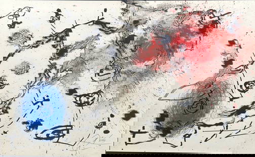 Joan Miro "Bleu et Rouge" Lithograph COA: Joan Miro original color lithograph, double page, fold at center. Titled "Bleu et Rouge". Certificate of Authenticity. Signed in black pencil. Printed by Mourlot Fernand. Published by Pierre Matisse G