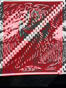 Pablo Picasso Linocut for 1955 Ceramics Ex: Pablo Picasso original color linocut for the 1955 Ceramics Exhibition in Vallauris, France. Signed in blue crayon lower left. Excellent condition. Measures 11" x 13".