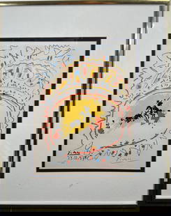 Pablo Picasso "La Petite Corrida" Lithograph Seal: Pablo Picasso original color lithograph. Titled "La Petite Corrida". Certificate of Authenticity. Signed in red crayon lower right. Numbered 15/50 in graphite lower left. Printed by Mourlot Freres, Pa