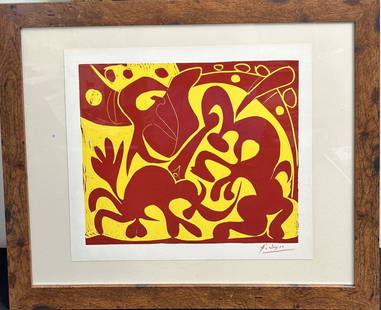 Pablo Picasso "Picador Goading Bull w Matador" COA: Pablo Picasso original linocut. Titled "Picador Goading Bull with Matador". Certificate of Authenticity. Signed in red crayon. Printed in France. Published by Cercle d'Art SA. Excellent condition and