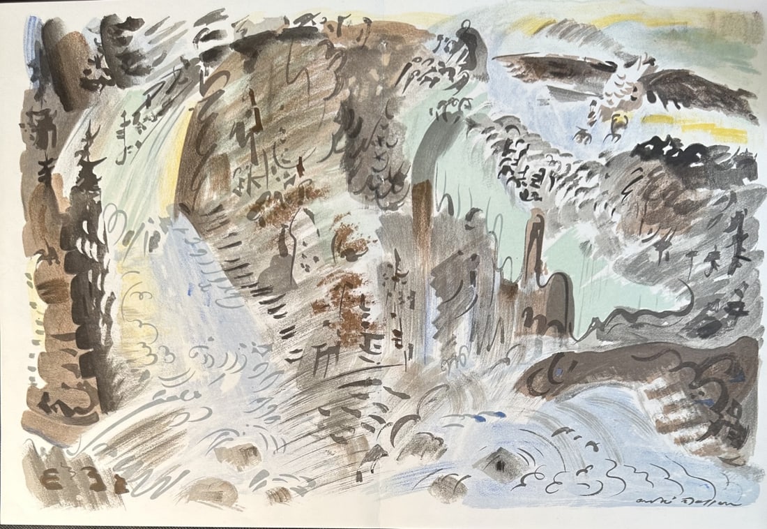 Andre Masson Original Lithograph "Le Torrent": Andre Masson original color lithograph, titled "Le Torrent", two sided, bifold. On secondary side is black and white sketch with minor discoloration or bleed through due to age of original color litho