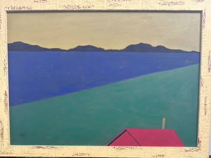 Francisco Tun (Guatemalan 1948-1989) Original: Painting on Board Francisco Tun (Guatemalan 1948-1989) original painting depicting a minimalist landscape with a building in foreground. Rolling hills are present in the background. Signed Tun lower l