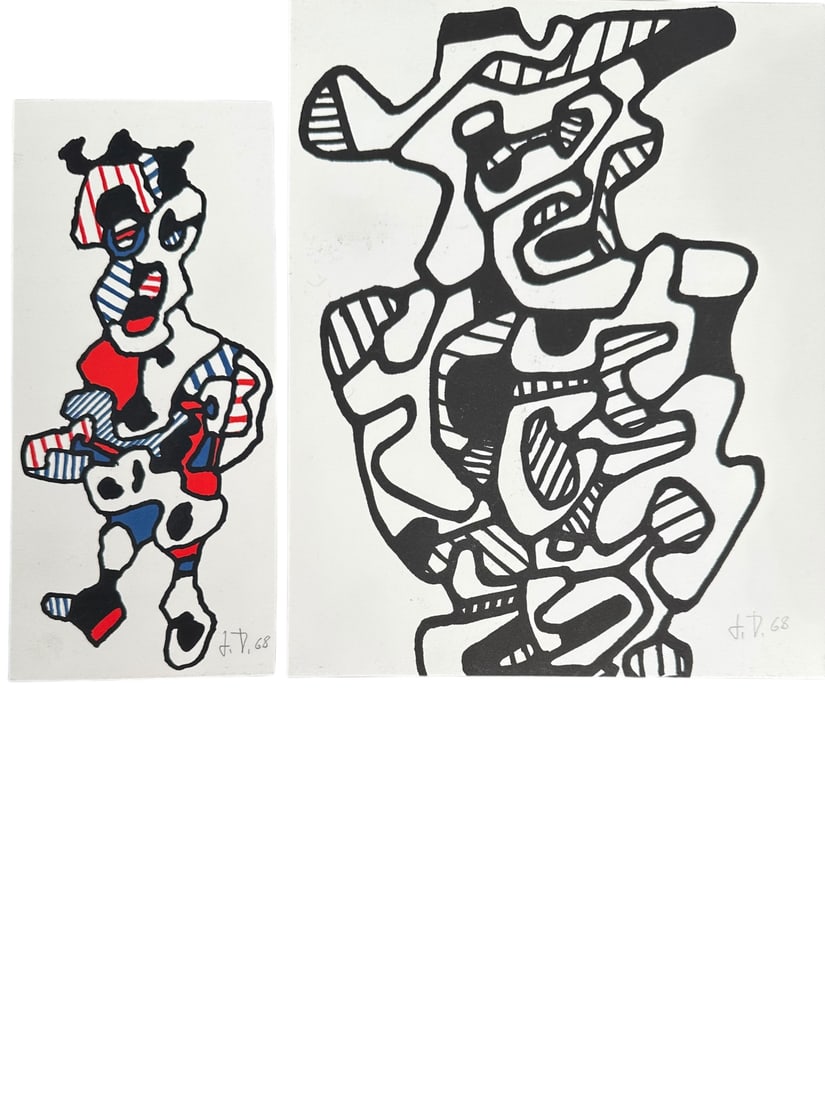 2pc Jean Dubuffet "Personnage au Chapeau" 1962: 2 Pieces by Jean Dubuffet (1901-1985) titled "Personnage au Chapeau", created in 1962. (1) lithograph in color, signed JD 68 in pencil, measures 4" x 8.75", printing on verso, and (1) lithograph in bl