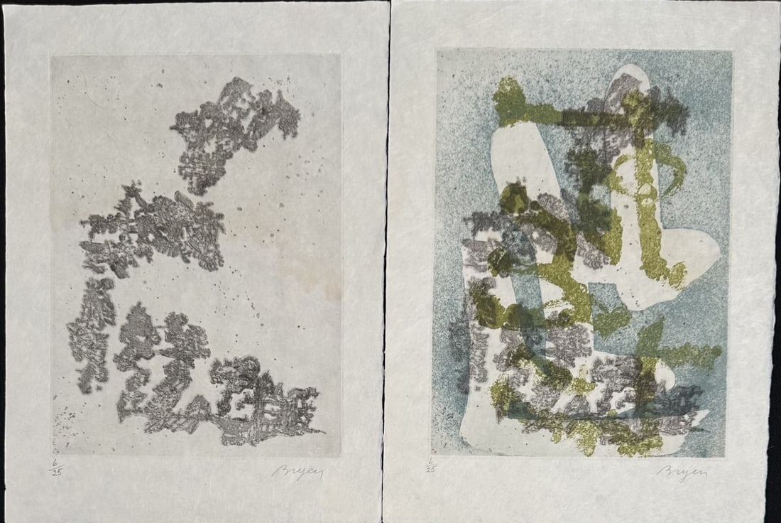 2pc Camille Bryen Limited Edition Aquatint Print: 2 Pieces by Camille Bryen, aquatint print, each signed in pencil lower right, each numbered 6/25 in pencil lower left, (1) features clusters of intricate, map-like patterns resembling cityscapes or ge