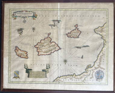 Antq Map Cata Loniae Pars Insola Balearides: Antique map of Spain and Balearic Islands. Top left Cata Loniae Pars. Banner Insvla Balearides ct Pytivs AE. Mare Bale Aricvm, Bottom Maris Mediterranaei Pars. Scale Milliaria Hyupanica communia. Appe