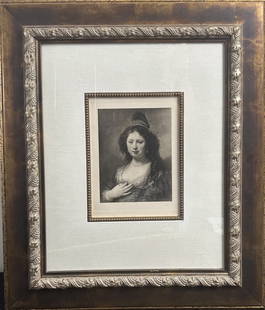 Rembrandt van Rijn "Portrait de Femme": Rembrandt van Rijn, etching. Titled "Portrait de Femme" (Portrait of a Woman). Portrait of Sara van Baerle. Heavy plate marks. Initialed lower right. Excellent condition. Art measures 6.25" x 8", fram