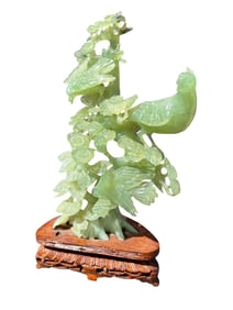 Green Jade Hand Carved Birds on Rosewood Plinth