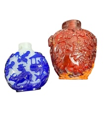 2pc Antq Peking Glass & Amber Snuff Bottles