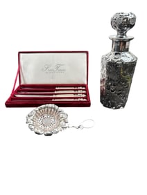 3pc Silver Knives, Tea Strainer & Scent Bottle