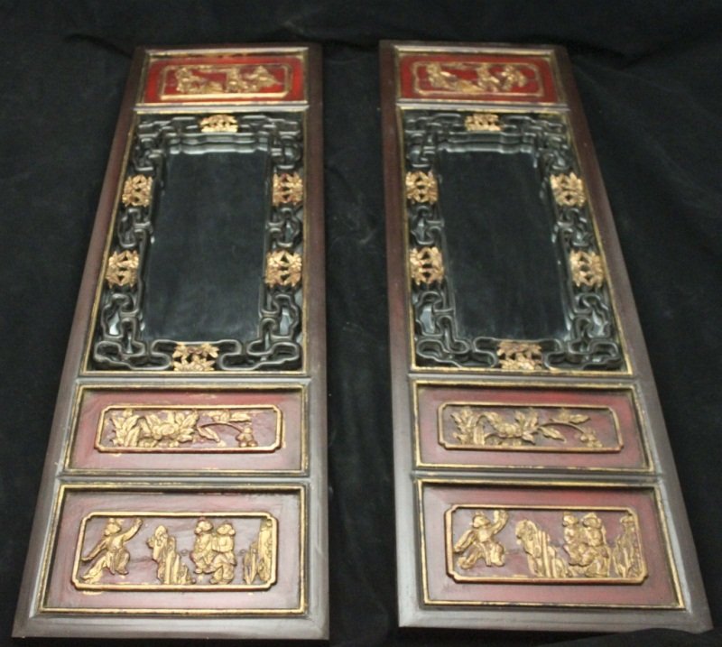 (2) Oriental Hand Carved Wood & Gilt Mirror Panels: Lot of (2) oriental hand carved wood and gilt mirrored panels. 3 individual scenes on each panel depicting different martial arts techniques. Dimensions: 11.75" x 38" x 1" Period: 19th Century