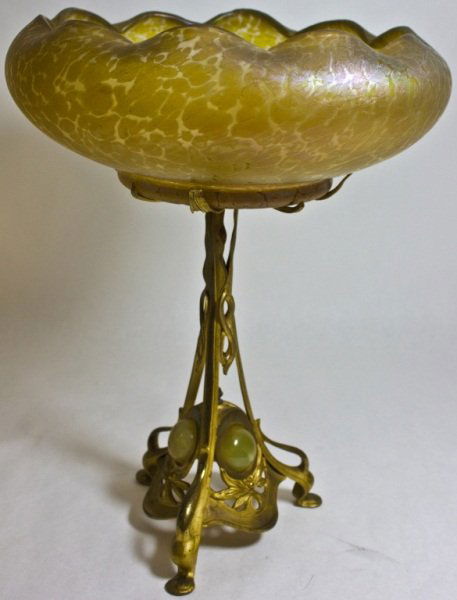 Art Nouveau Dore Finish Loetz Glass Centerpiece: Art Nouveau Loetz Glass centerpiece bowl mounted on a dore finished bronze frame. Dimensions: 11"d x 14.5" Period: Late19th/ Early 20th Cent
