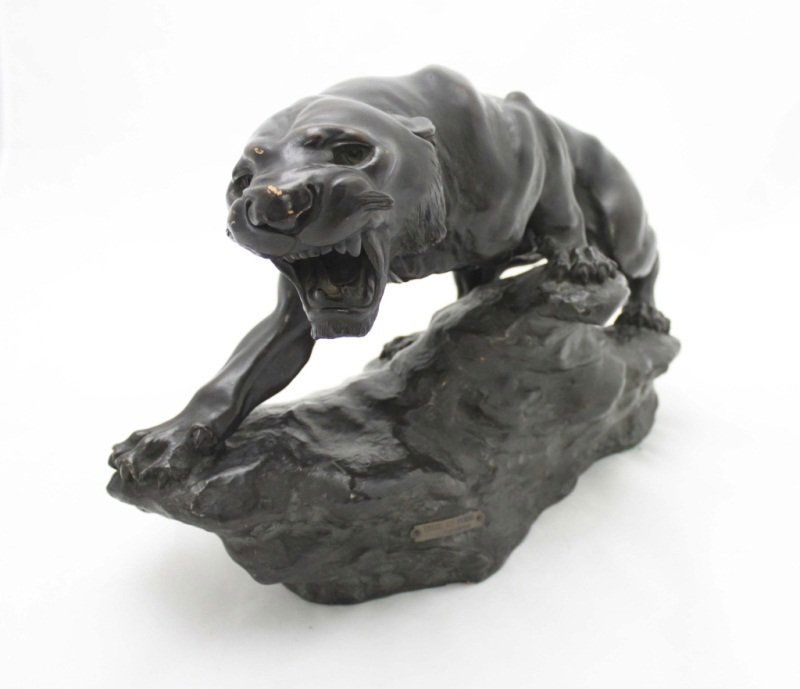Attr. T. Cartier "Tigre En Furie": "Tigre En Furie" attributed to Thomas Cartier (1879-1943) bronze clad terracotta sculpture of a tiger full of fury. Signed T. Cartier on base with title plaque. Dimensions: 20" x 6.5" x 13" Period: 20