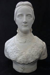Pio Fedi Marble Bust of Woman: Pio Fedi (Italy 1816-1892) marble bust depicting an elegant lady with a detailed lace collar and hair decoration. Dimensions: 17" x 10.5" x 24" Period: 19th Century Artist: Pio Fedi