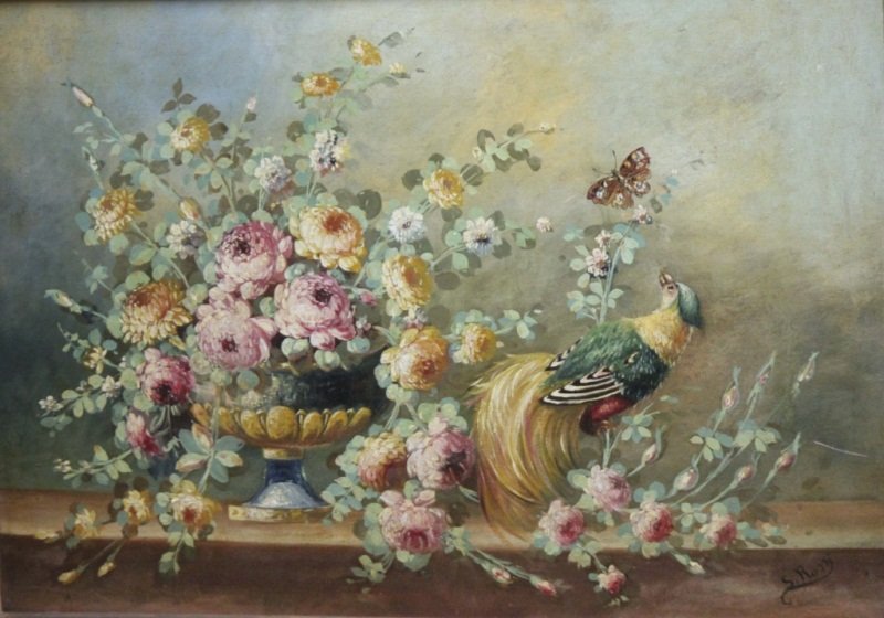S. Rossi Still Life w/ Bird of Paradise: S. Rossi oil on board still life with bird of paradise. Frame measures 40.5" x 2" x 28.5" Dimensions: 35.75" x 23.75" Period: Early 20th Century Artist: S. Rossi