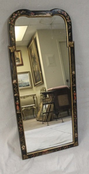 Chinoiserie Lacquered Mirror: Chinoiserie lacquered mirror with hand painted details. Dimensions: 49"x21"x1.5" Period: 20th Century