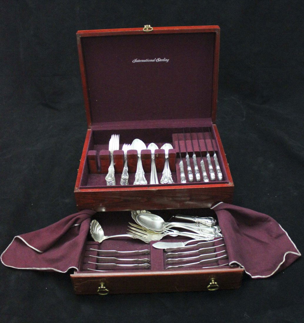 International Silver "Joan of Arc" 87 Piece Set: International Silver "Joan of Arc" sterling silver 87 piece set. Issue date 1940, pattern #1940, weighs 97.85 Troy Oz. 12 dinner forks, 12 salad forks, 12 soup spoons, 12 tea spoons, 11 butter knives,