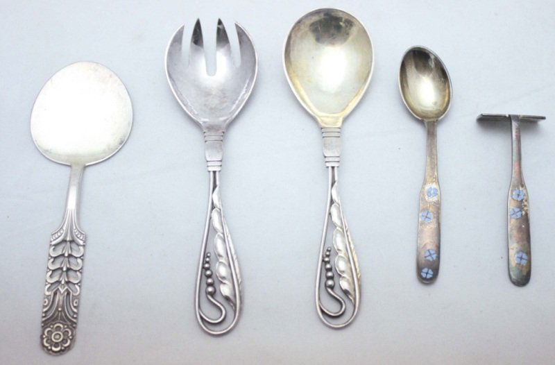 Lot of Signed Sterling Silver Flatware: Lot of signed sterling silver weighing 4.25 ozt. 2 George Jensen pattern #42 serving pieces, a spoon and fork, a David-Anderson flat serving spoon and 2 pieces of A. Michelsen Copenhagen flatware, a s