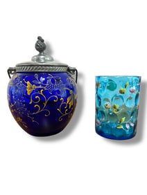 2pc Cobalt Blue Glass Jar & Peacock Blue Glass