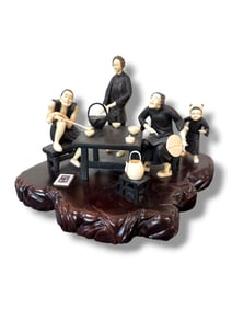 Meiji Pd Okimono Bronze Sculpture 4 People Tea