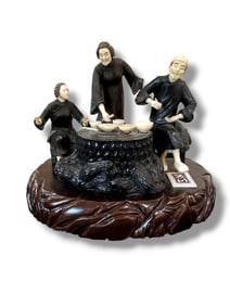 Meiji Pd Okimono Bronze Sculpture 3 People Meal