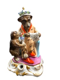 Antq Dresser Porcelain Inkwell Bear in Nightcap