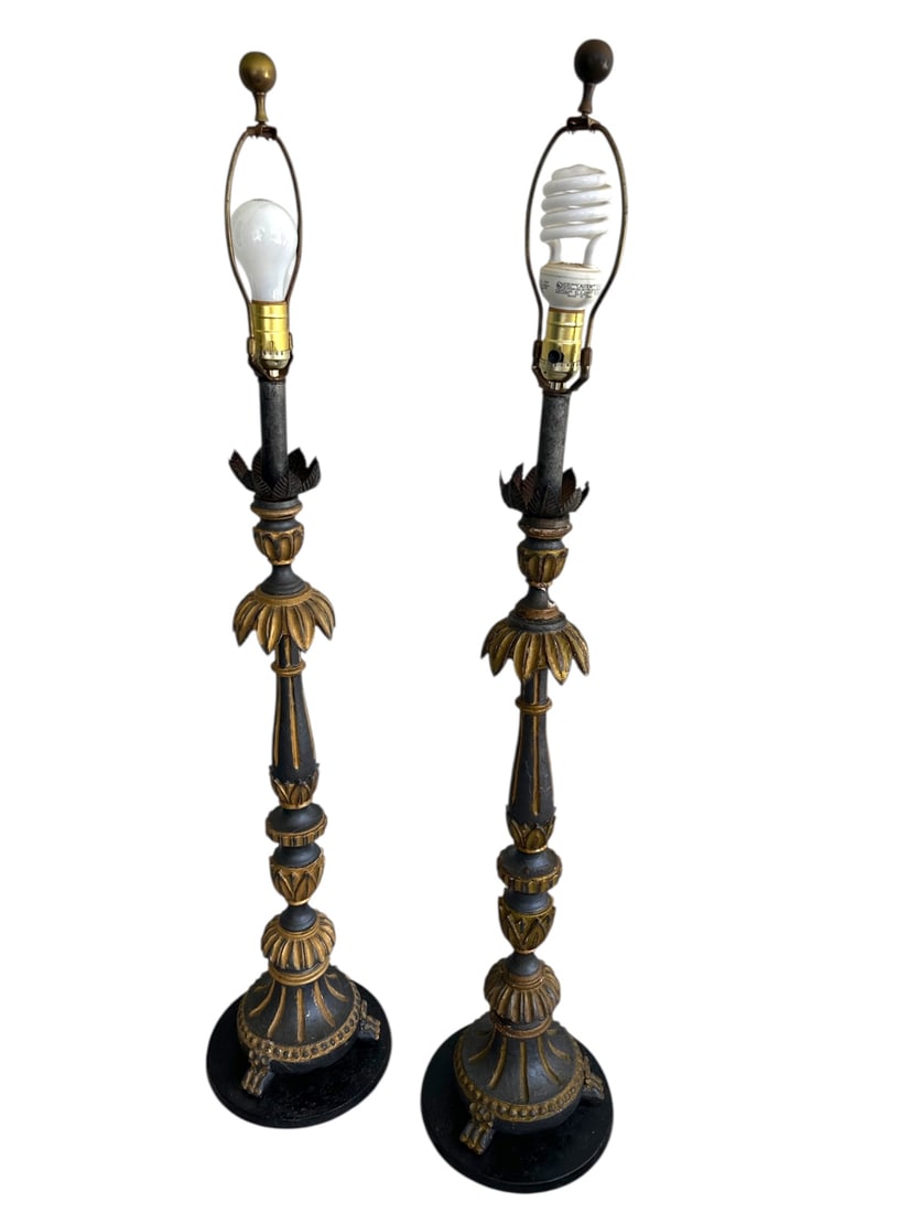 Pr 18/19C It Wood Candlesticks Converted to Lamps: Pair 18th/19th Century Italian wood candlesticks that have been converted to lamps with circular cast iron base. Very good condition with minor loss - see photos. Measures 9.5" dia. base, Overall heig
