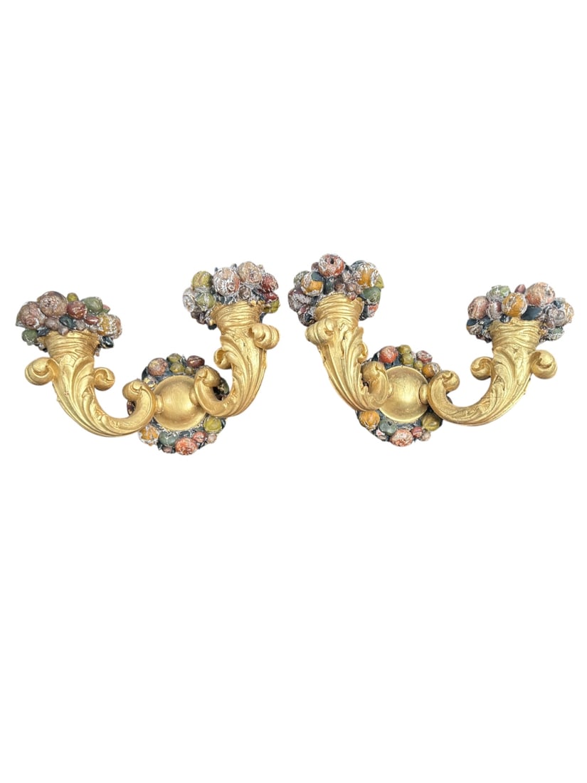 Pr Wood Gilt Wood Cornucopia Wall Candelabras: 18th/19th Century Italian pair gilt wood cornucopia style wall sconce candelabras. Very good condition. Measure 14" x 8" x 6".