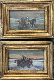Antq 2pc Morel Troyka Horses Painted on Copper