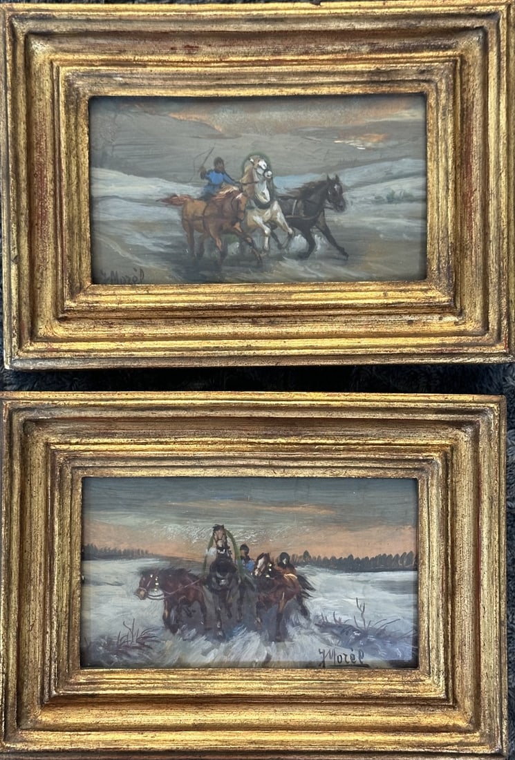 Antq 2pc Morel Troyka Horses Painted on Copper: Antique 2 Pieces by Morel Troyka, horses painted on copper. Signed lower left. Label on verso of 1 piece Subject: Winter Scene, Artist: Troika, Morel, Media: Original Oils Signed. Excellent condition.
