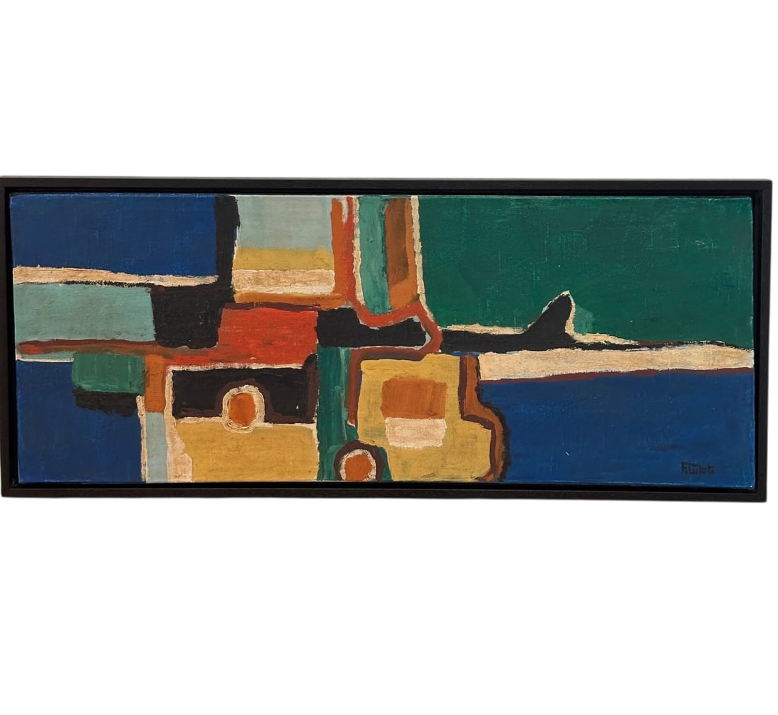 Francoise Gilot (French b 1921) Oil on Canvas: Francoise Gilot (French b 1921) oil on canvas. Signed F Gilot lower right. Excellent condition. Art measures 30" x 12", frame measures 31.5" x 13.5".