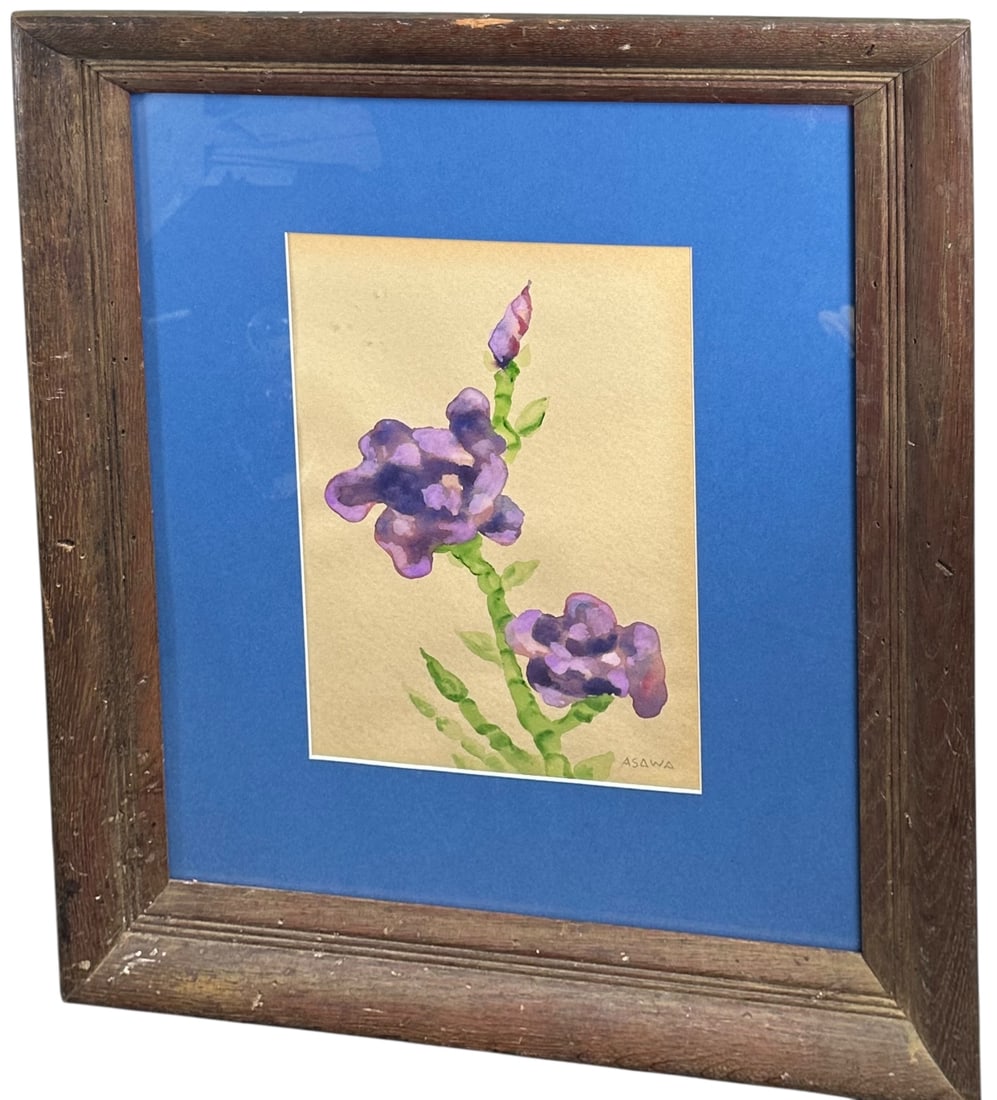 Ruth Asawa Watercolor Purple Iris: Ruth Asawa watercolor of a purple iris. Signed Asawa lower right. Excellent condition. Art measures 9" x 12.75", frame measures 19.75" x 23.75".