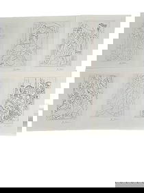 6pc Picasso Etchings "Lysistrata by Aristophanes": 6 Pieces by Pablo Picasso, etchings. Titles "Lysistrata by Aristophanes" series. Hand signed by Picasso in black pencil lower right. Paper measures 10.75" x 12". NOTE: The paper has more of an ivory t