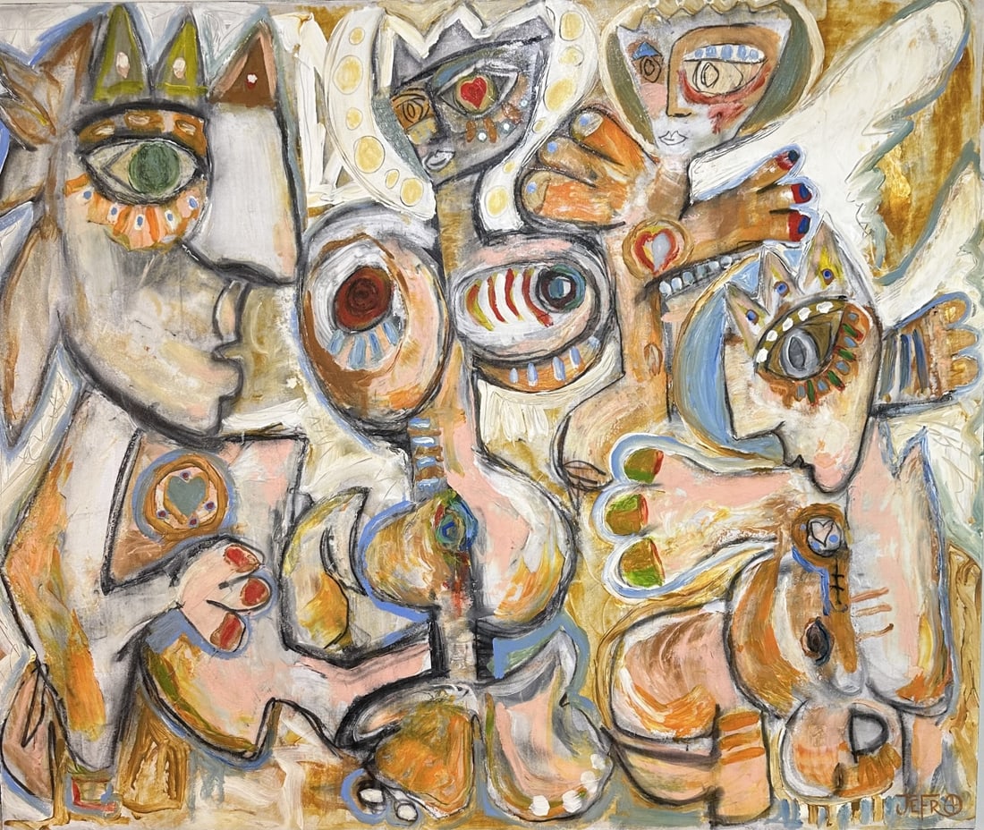 JEFR+ "The Adoration of The Queen" Abstract: JEFR+ (+ in circle) abstract oil on canvas. Titled "The Adoration of The Queen". Personalized on verso and signed on verso. Signed lower right. Excellent condition. Measures 57.5" x 48". Shipper sugge