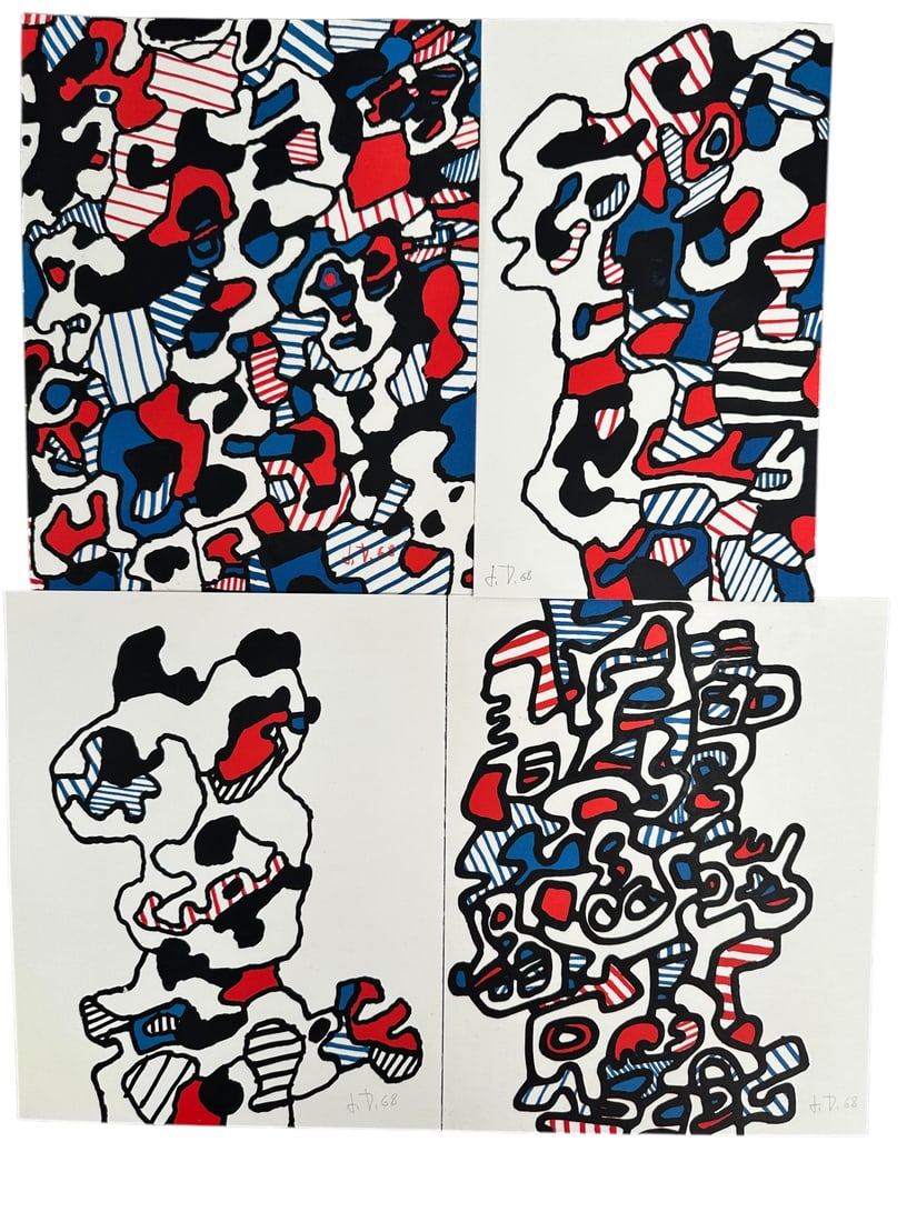 4pc Jean Dubuffet "L'Hourloupe Cycle" 1968: 4 pieces by Jean Dubuffet, original screen prints, each two sided, signed in pencil JD 68. From the "L'Hourloupe Cycle". Measure 8.5" x 10.5", one measures 6.5" x 10.5".
