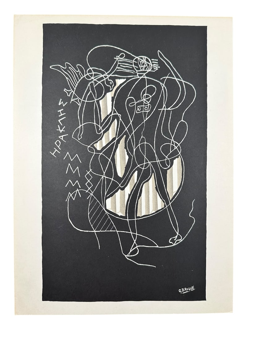 Georges Braque (French) "Heracles" Lithograph: Georges Braque (French) original lithograph, double page. Titled "Heracles". Signed in the stone lower right. On verso is verbiage. Excellent condition. Measures 11" x 15".