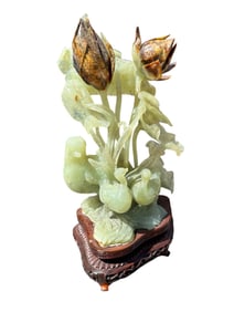 Green Jade Hand Carved Fowl & Lotus Flowers