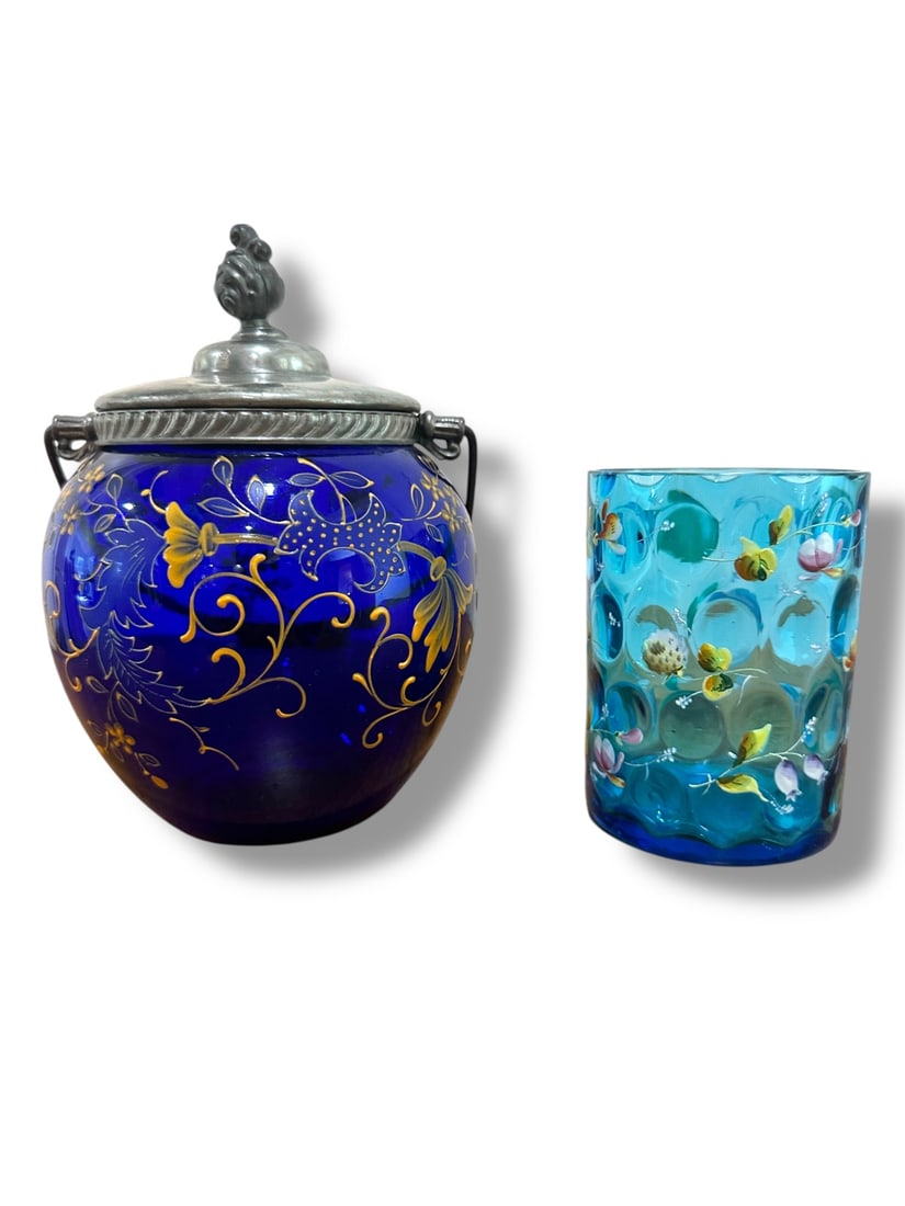 2pc Cobalt Blue Glass Jar & Peacock Blue Glass: 2 Pieces, (1) cobalt blue glass jar with silver plated lid and handle, hand painted decor, measures 5.5" dia. x 8", and (1) Peacock blue thumbprint or coin tea glass with hand painted floral design, m