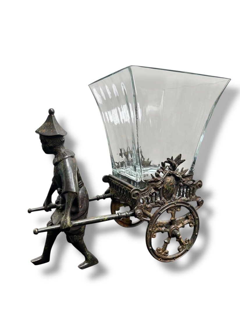 Vntg Castilian Bronze Rickshaw with Glass Vase (1 of 11)