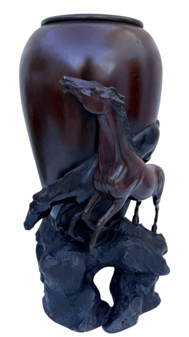 19C Japanese Meiji Era Bronze Wild Horses: 19th Century Japanese Meiji era bronze vase with wild horses. Excellent condition. Couldn't find mark. Measures 10" x 10" x 18".