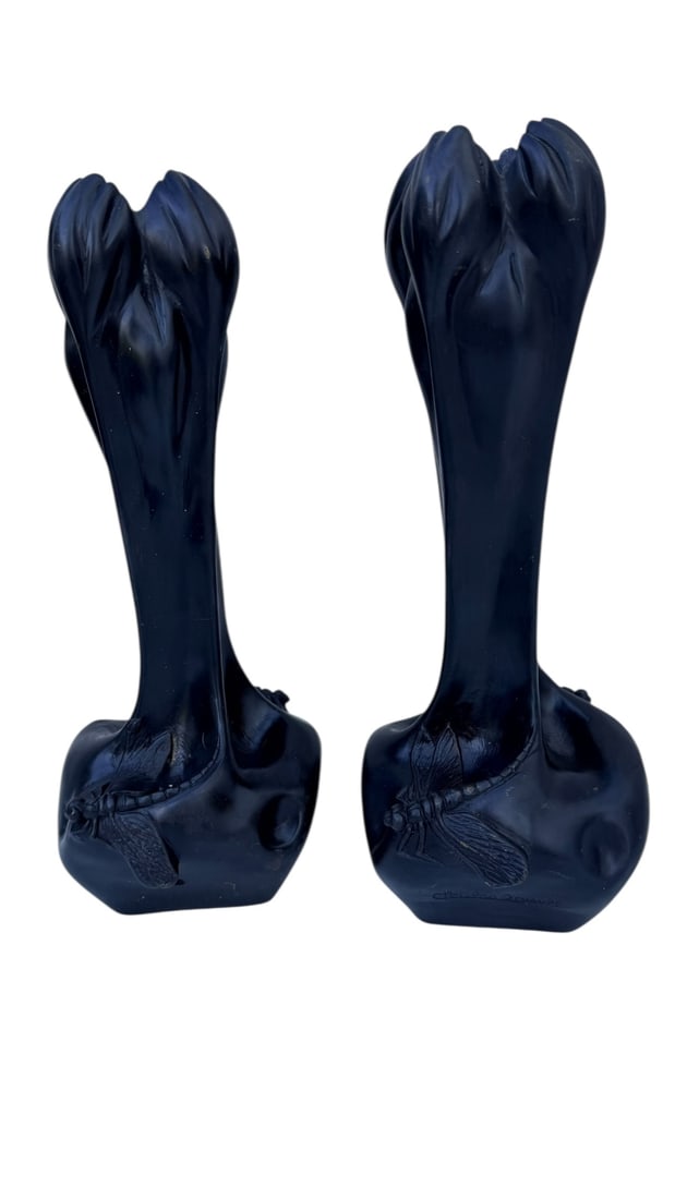 Pr Chopine Druaupt Bronze Dragonfly Candle: Pair Chopine Druaupt bronze dragonfly decorated art nouveau candle stick holders. Signed. Excellent condition. Measure 6" x 6" x 14".