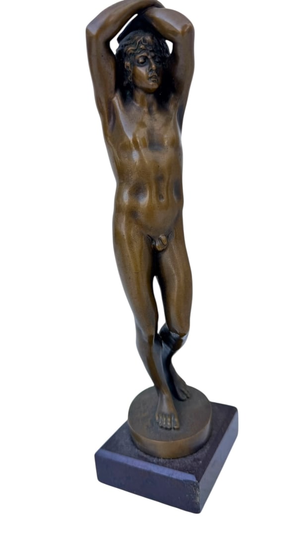 Early 19C Bronze "Narcissus" Male Nude Figure: Early 19th Century bronze male nude figure. Ancient Greek mythological figure Narcissus. Figure is captured in a classical pose with hands raised above its head. Mounted on marble plinth. Bottom