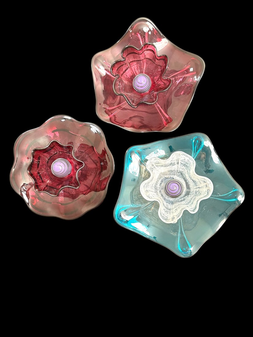 3pc After Chihuly Wall Decor Blown Art Glass: 3 Pieces of blown art glass, after Chihuly. Signed A. Mullin (illegible), dated 2003. Each piece is created from 4 pieces (1) blown glass bulb surrounded by (1) silver cage, (1) handkerchief blown