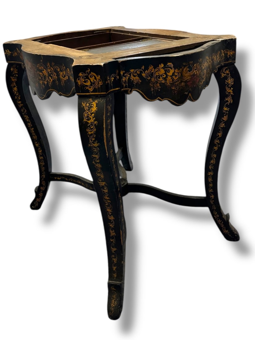 Antique Black Lacquer Night Table w Drawer - 8