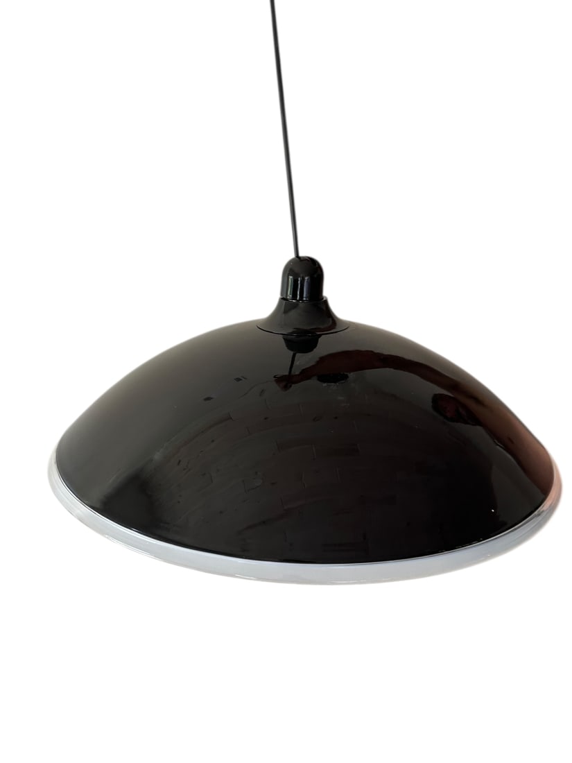 Murano Italy Chandelier Pendant Glass: Murano Italy chandelier, pendant glass, black exterior, white interior. Excellent condition. Measures 24" dia. x 9" tall. Approximately 40" of wire.