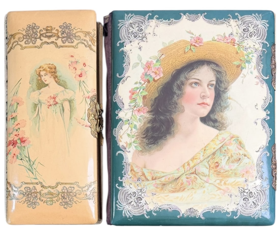 2pc Antique Victorian Celluloid Photo Albums: 2 Piece antique victorian celluloid photo albums (1) photo album with brass clasp, painted velvet binding, contains 60 carte de vista photographs, measures 7" x 16" x 2.5", and (1) photo album, no