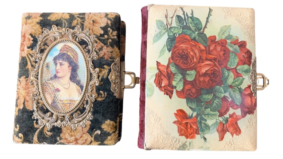 2pc 19C Victorian Celluloid Photo Albums: 2 Piece 19th Century Victorian celluloid photo albums, circa 1860s to 1880s, (1) Orientalist Princess on cover, working clasp, 22 carte de vista photographs, 8.5" x 10.5" x 2.5", and (1) roses,